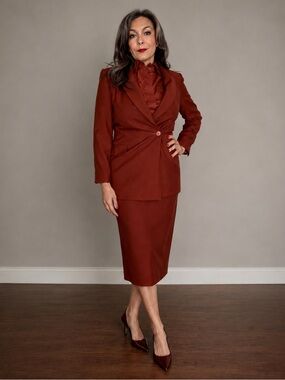 Vintage 90s Bill Blass 4 Piece Wool Suit Blazer Skirt Blouse Scarf